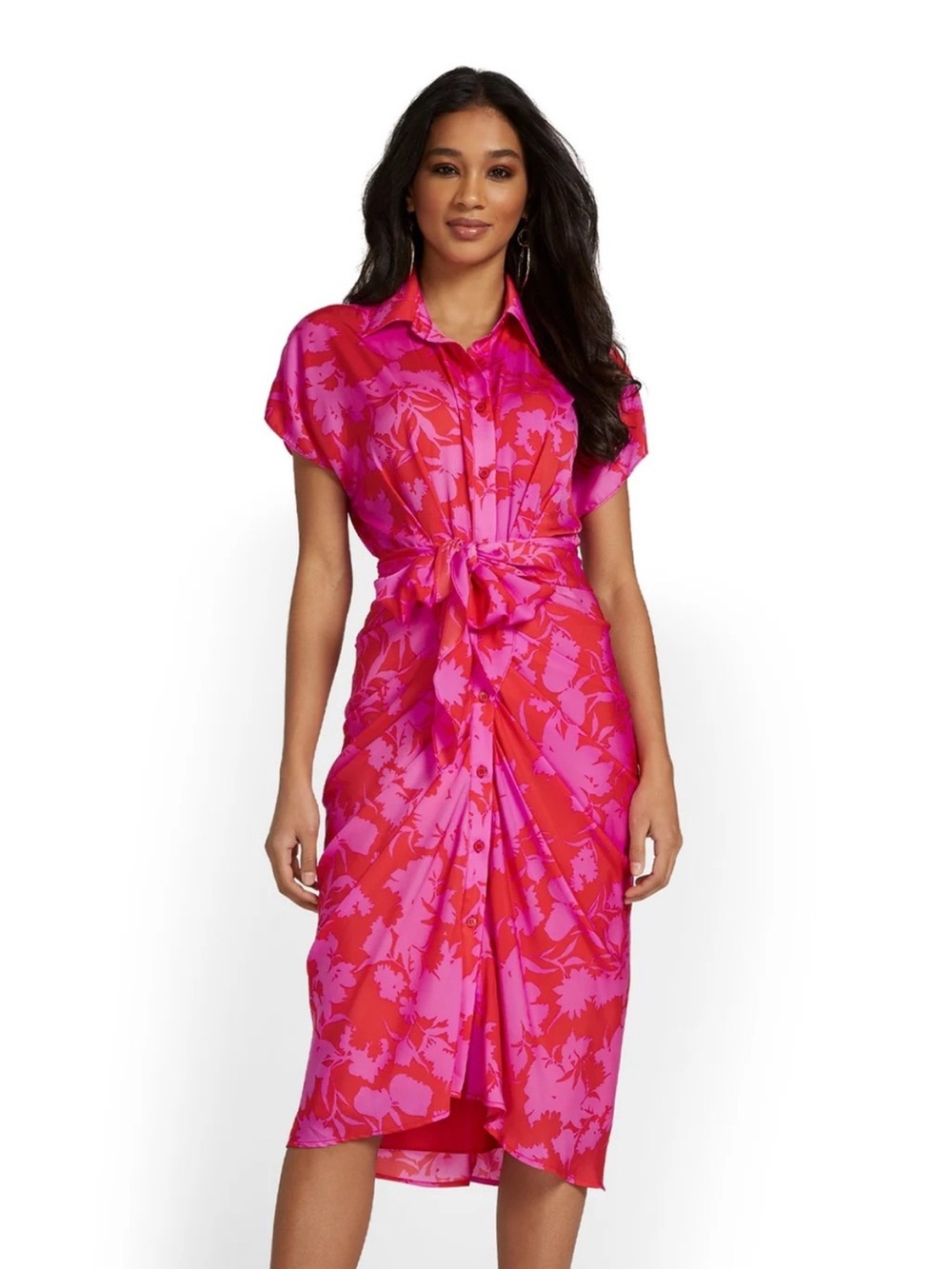 DO+BE Hot Pink and Fuchsia Floral Tie-Front Midi Dress